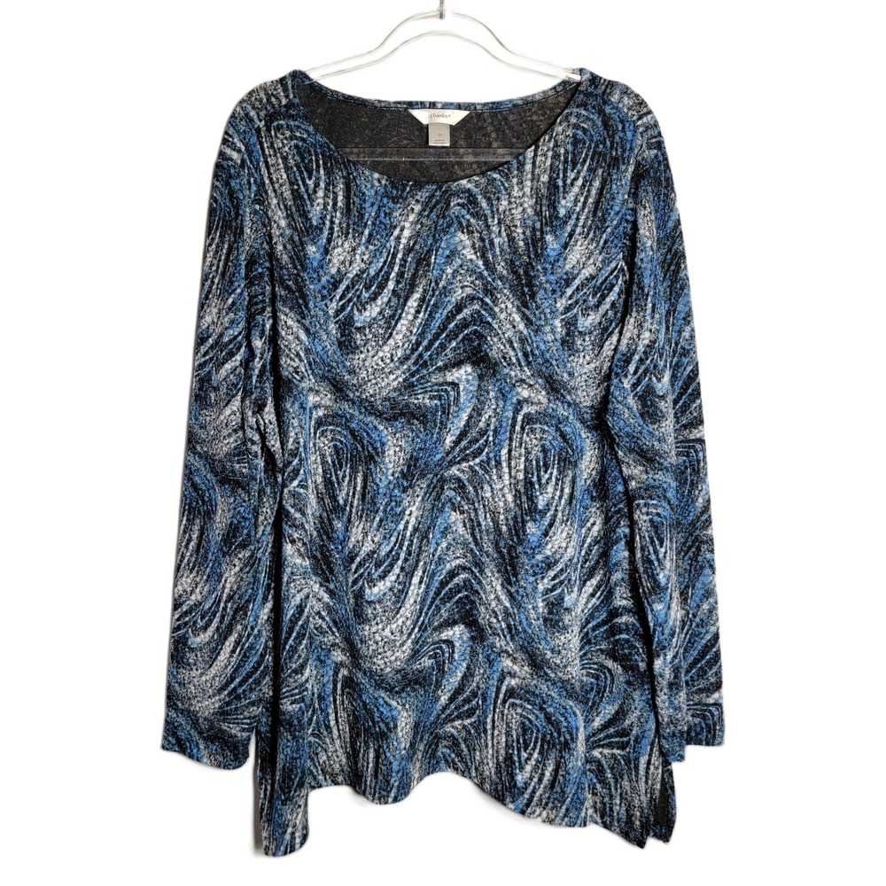 CJ Banks Womens 2X Blue Black Textured Long Sleeve Tunic Top Side Slits